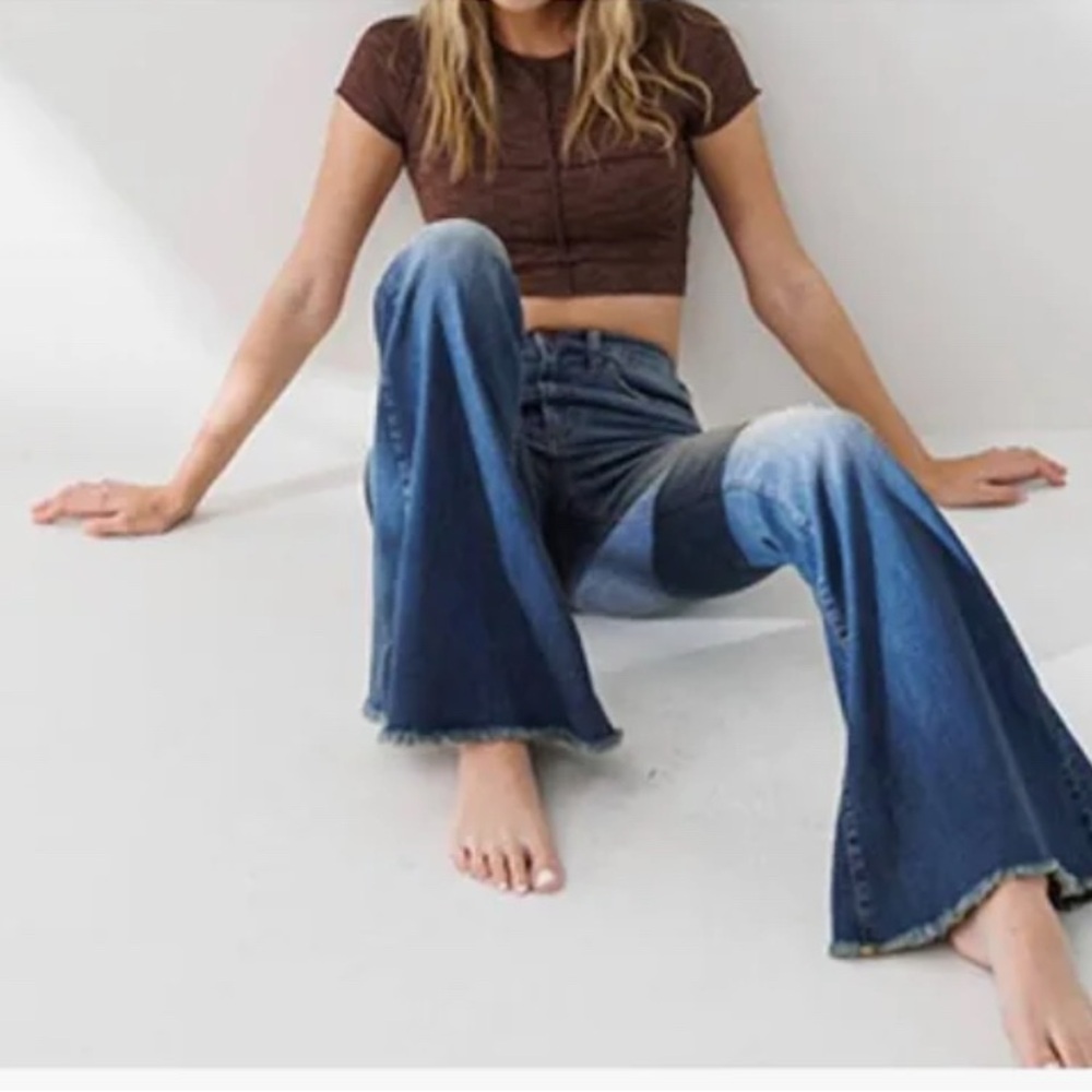 Sneak Peek Blue Denim Jeans High Waisted Bells Frayed at bottom. Size 3/W26